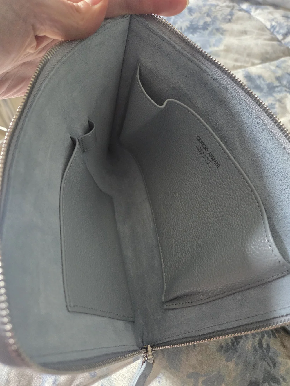 NEW Giorgio Armani Dusty Blue Pebbled Leather Travel Pouch with Luggage Tag
